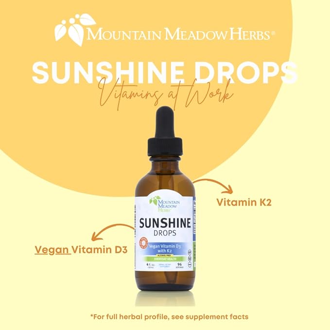 Mountain Meadow Herbs Sunshine Drops | Vegan Vitamin D3 Booster for Healthy Bones & Teeth | Ideal Winter Supplement | Tincture 4oz