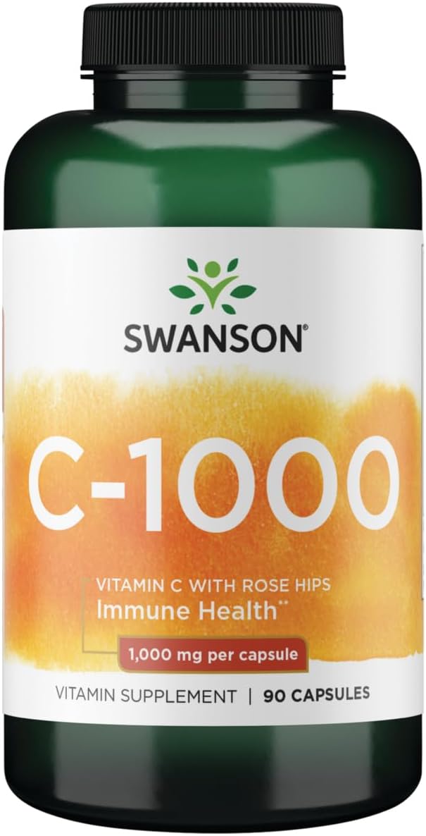 Swanson Vitamin C w/Rose HIPS - Herbal Supplement Promoting Skin Health, Heart Health & Immune System Support - Natural Formula Promoting Protection & Wellness - (90 Capsules, 1000mg Each)