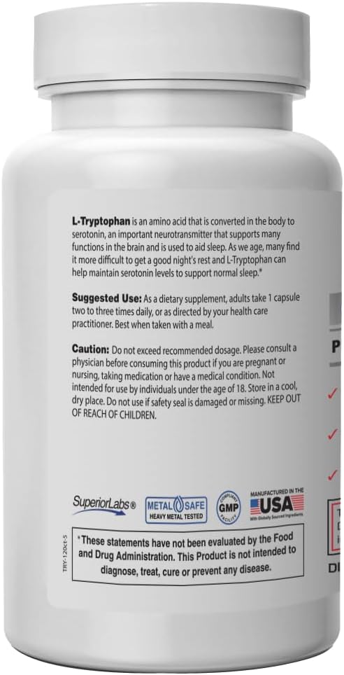 Superior Labs – Pure L-Tryptophan – 500mg, 120 Vegetable Capsules – Non-GMO Dietary Supplement for Restful Sleep & Relaxation – Supports Feelings of Well Being and Healthy Circulation Circulation