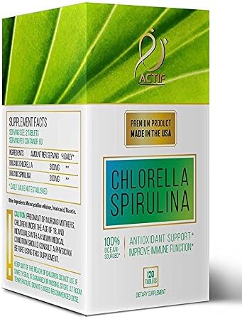 ACTIF 100% Ocean Cleaned Organic Chlorella and Spirulina, Non-GMO, Best Detox and Vegan Diet Supplement, Made in USA - 120 Tablets