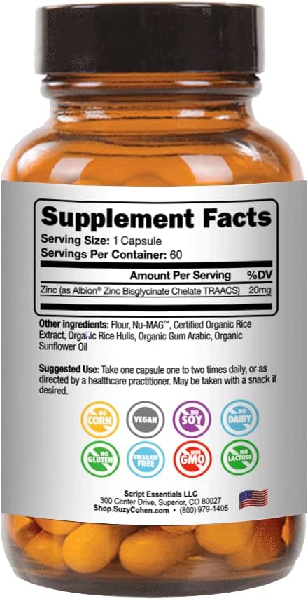 Suzy Cohen Chelated Zinc Supplements - 60 Capsules Gentle on The Stomach - Zinc is for Healthy Cell Growth and DNA Formation - Supports Healthy Immune Function and Skin Health