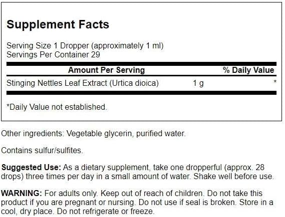 Swanson Stinging Nettles Leaf Liquid Extract Alcohol and Sugar-Free 1 fl Ounce (29.6 ml) Liquid
