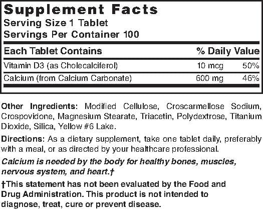 Nature's Blend Calcium Carbonate 600 mg with D3 400 IU 100 Tablets,(Pack of 1), 079854016819