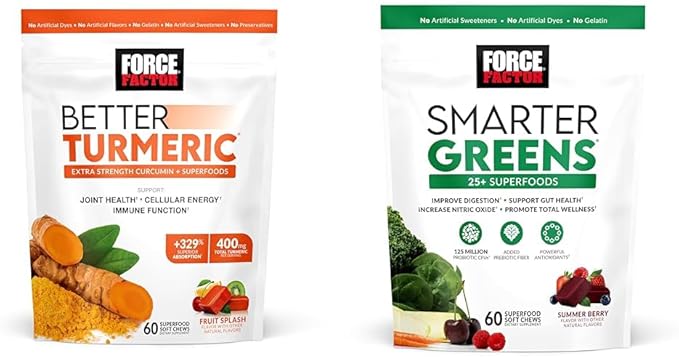 Force Factor Better Turmeric Joint Support Supplement for Extra Strength Joint Health & Smarter Greens Superfood Chews, Greens and Superfoods with Probiotics, Antioxidants