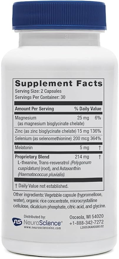 NeuroScience Calm Sleep Aids for Adults - Kavinace OS - Soothing Neuro Immune Support Supplement with L Theanine & 5mg Melatonin - Quick Relief from Sleeplessness After Just One Dose (60 Capsules)