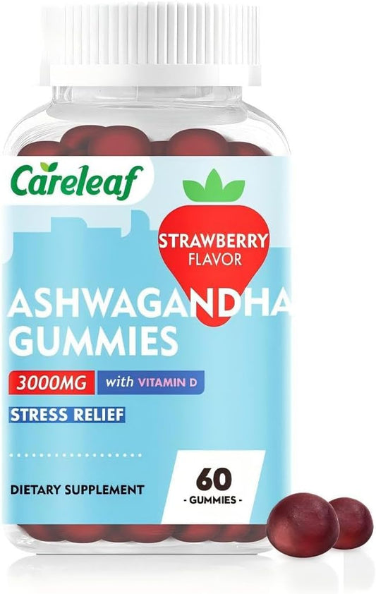Vegan Ashwagandha Gummies-3000mg High Potency Ashwagandha Root Extract with Vitamin D2 | Strawberry Flavor | 60 Cts/Bottle