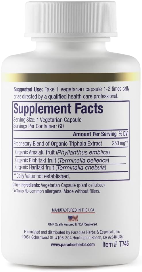 Paradise Herbs Triphala Extract, Super Potent, Ultra Pure, Vegan, Non GMO, Gluten Free, 60 Vegetarian Capsules