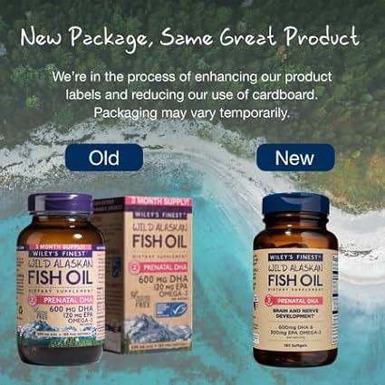 Wiley's Finest Wild Alaskan Fish Oil Prenatal DHA - 900mg EPA and DHA Omega-3s for Pregnant Women and Nursing Mothers - 180 Softgels (90 Prenatal Vitamin Servings)