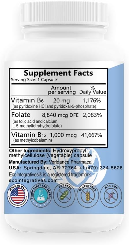 B6 Complex Vegan Vitamin B6, B9 Folate, B12 Methylcobalamin Supports Cardiovascular, Neuromuscular, Nervous System, Homocysteine, Energy, Blood Cell & Bone Health 100 Caps
