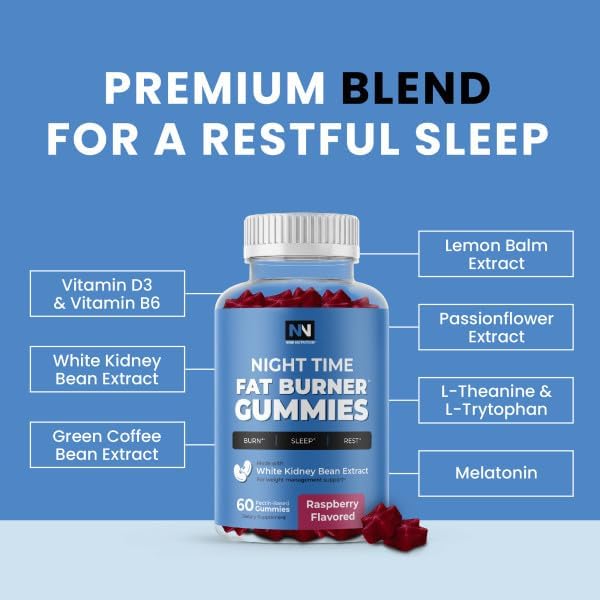 Night Time Fat Burner Gummies, Sleep Support & Weight Loss Supplement | Slimming Hunger Suppressant & Metabolism Booster, Shred Belly Fat While You Sleep | Nighttime Diet Gummies for Women & Men 60ct