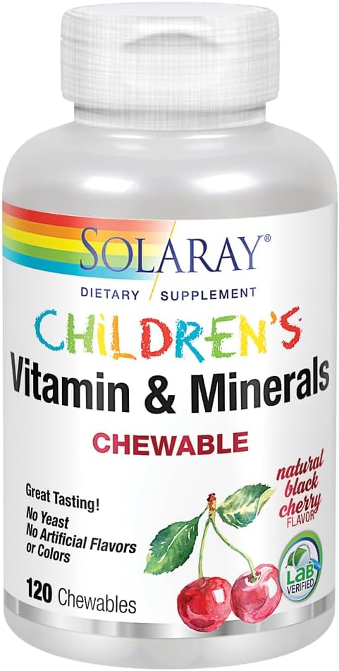 SOLARAY Childrens Vitamins & Minerals Complete Multivitamin for Kids Great Black Cherry Flavor (076280047974) (120 Chews, 60 Serv)