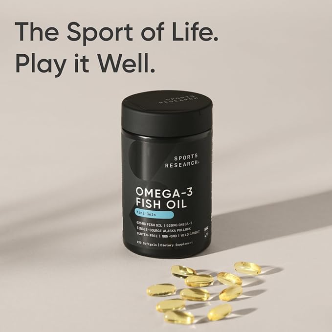 Sports Research Fish Oil Mini-Softgels - Easy to Swallow Omega-3 Fatty Acids from Wild Caught Alaska Pollock Supporting Brain & Heart Health - 625mg, 120 Capsules