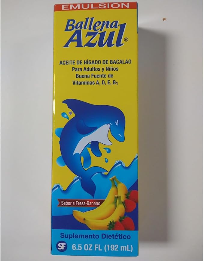 Ballena Azul Aceite de Hígado de Bacalao para Adultos y Niños, COD Liver Oil for Adults and Children, Source of Vitamins A,D,E, B1, Dietary Supplement, Omega 3,Inmune System Boost(Strawberry Banana)
