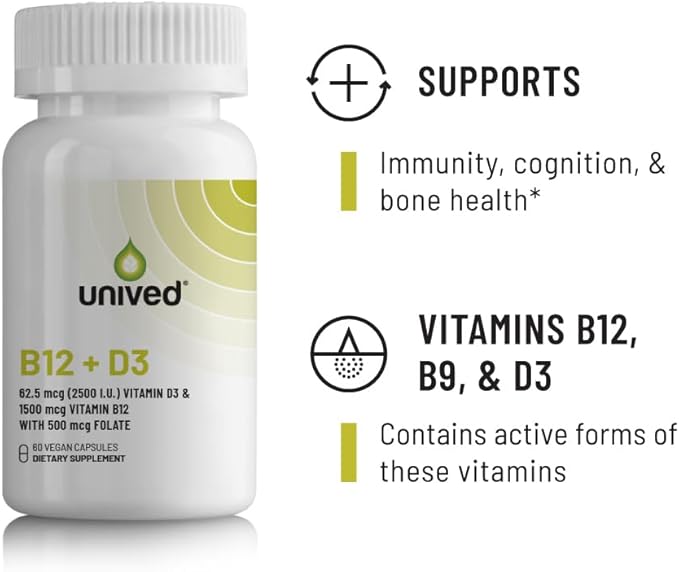 Unived Vegan B12 + D3, B12 (1500mcg Methylcobalamin), D3 (2500IU, Lichen), B9 (500mcg 5-MTHF) & Moringa, Immune Bone & Heart, Energy & Metabolism, 60c