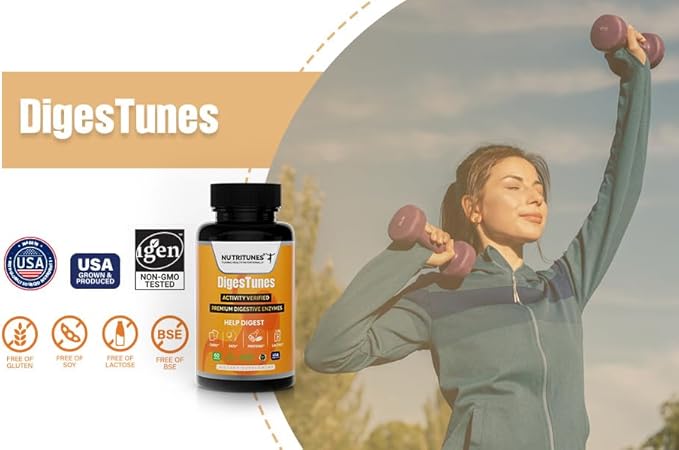DigesTunes – Premium Digestive Enzymes to easily digest Carbs, Fats, Proteins & Lactose - Supports after-meal Bloating & Discomfort Relief – Food Grade Multi Enzyme Vegan Supplement, 60-Day Supply