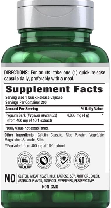 Piping Rock Pygeum Supplement 4000 mg | 200 Capsules | Pygeum Africanum Bark Extract | Extra Strength | Non-GMO, Gluten Free