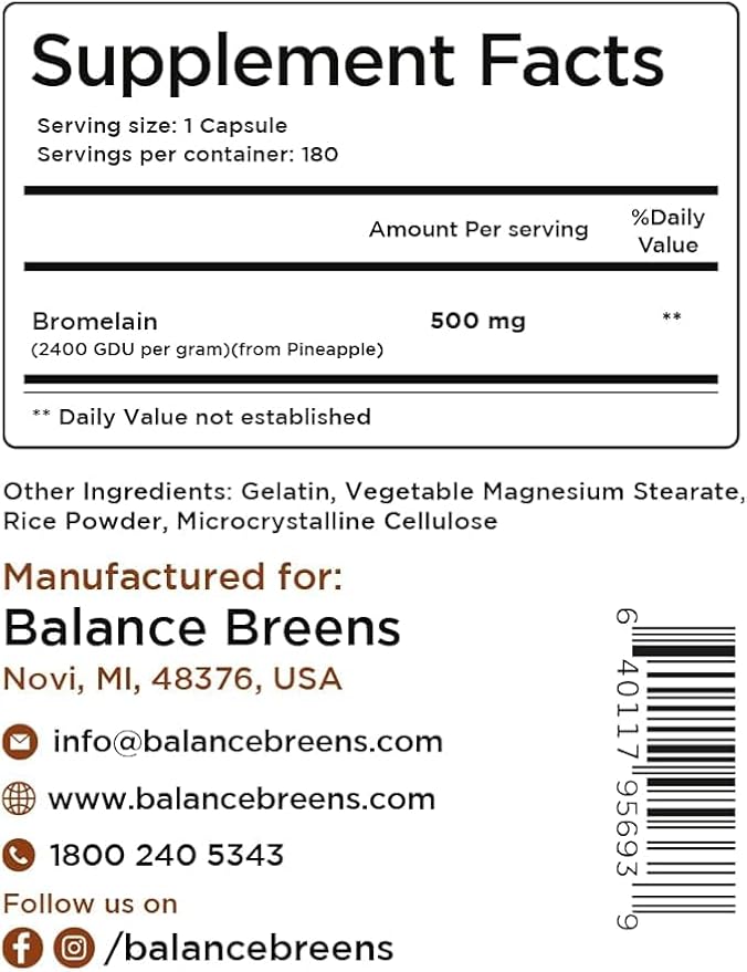 Balancebreens Bromelain 500mg, 180 Capsules - Pineapple Extract Digestive Enzyme, Supports Digestion and Joint Health Supplement