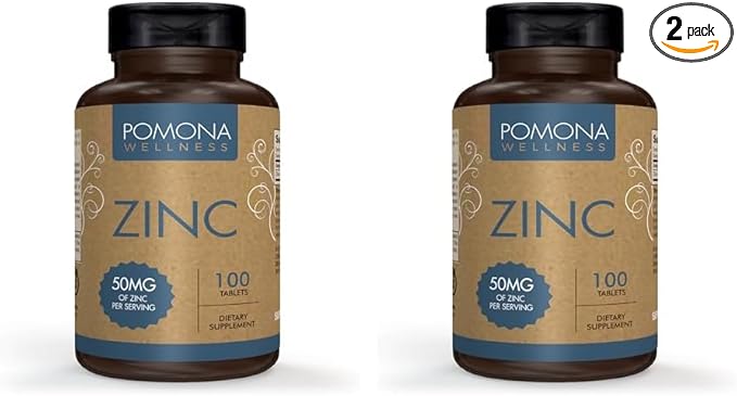 Pomona Wellness Zinc Supplements for Adults, 50mg, Skin Health and Immune Support, Easy to Swallow, for Antioxidant and Overall Health, Vegan, Non-GMO, 100 Tablets (Pack of 2)