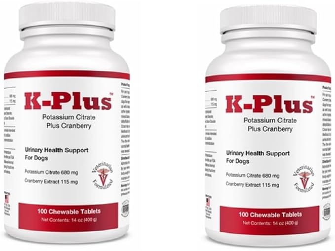 K-Plus Potassium Citrate Plus Cranberry Supplement for Dogs - UTI Remedy Chewable Tablets - Supports Bladder Health - for Every Dog Breed, 200 Chewable Tablets