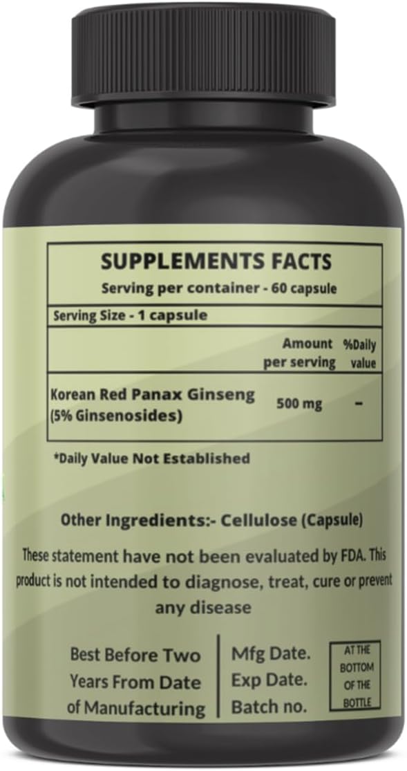 Panax Ginseng Capsule 500 MG Per Serving Energy, Serving for Mood, Cognitive Function and Energy Support, Non-GMO (Pack of 120 Capsule)