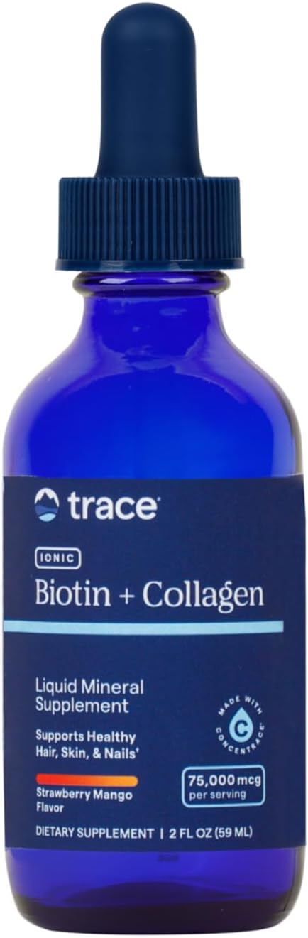 Trace Minerals Ionic Biotin Plus Collagen - High-Potency Supplement Supports Healthy Hair Growth & Skin - Biotin & Collagen Supplement Aids Healthy & Strong Joints - Strawberry Mango, 2 fl oz