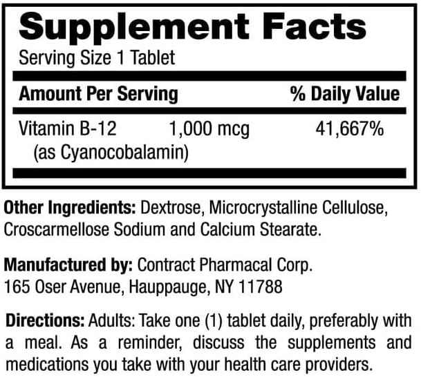 Earth's Splendor Energy Supplements, with Vitamin B12, Dietary Supplements, No Artificial Color or Flavor, Gluten Free, Energy Metabolism Support (1000mcg, 200 Tablets)