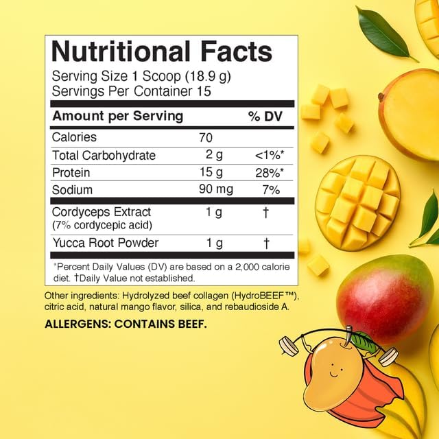Hydrolyzed Beef Collagen Peptides Powder with Cordyceps & Yucca Root - Supports Muscle Recovery, Gut & Joint Health - Mango Flavor Protein Powder, 10oz