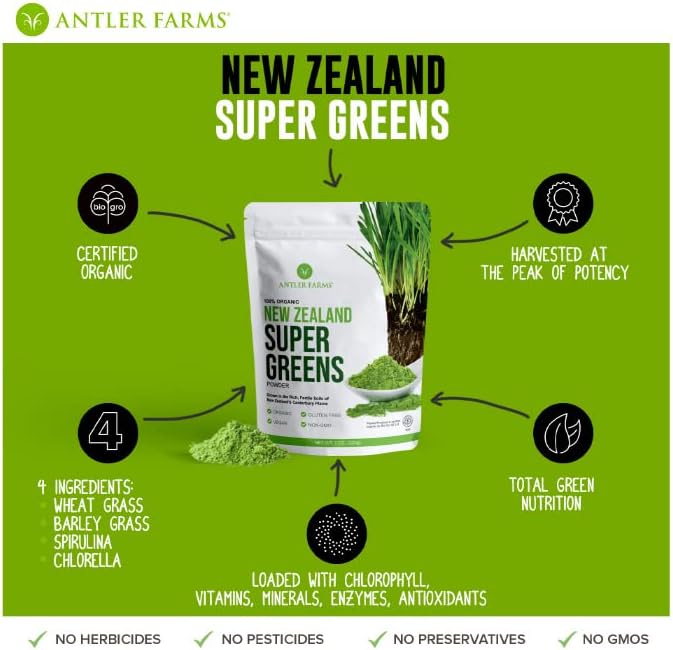 Antler Farms - 100% Pure Organic New Zealand Super Greens Powder, 40 Servings, 200g - Wheat Grass, Barley Grass, Chlorella, Spirulina - Vegan, Gluten Free, Chlorophyll Rich, for Energy and Detox