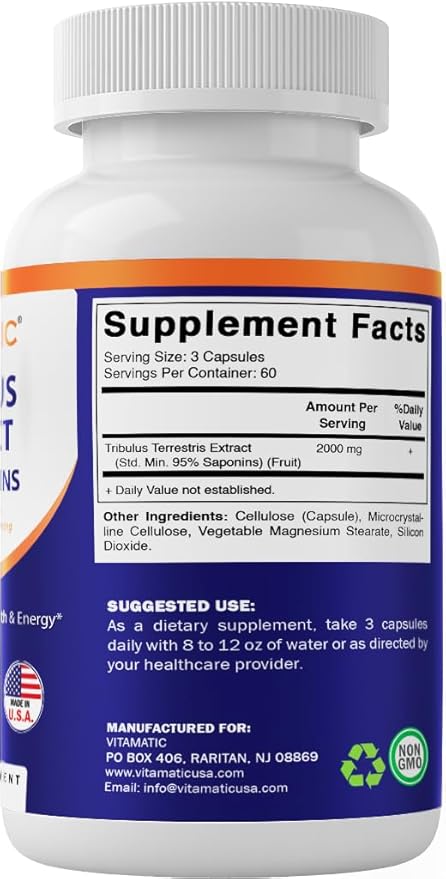 Vitamatic Tribulus Terrestris for Men - 2000 mg per Serving - 95% Saponins - 180 Vegetable Capsules - Made in The USA - Gluten Free & Non-GMO