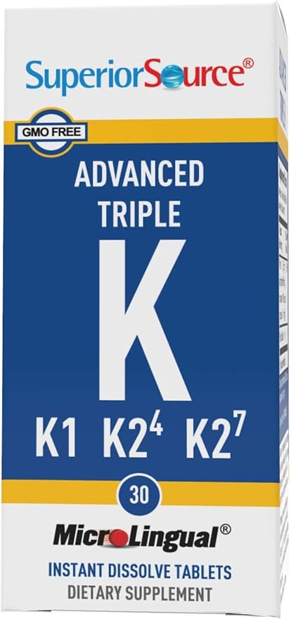 Superior Source Triple K, 3-in-1 Formula, MK-4 500 mcg, MK-7 50 mcg, K1 500 mcg, Quick Dissolve Sublingual Tablets, 30 Count, Healthy Bones and Arteries, Immune & Cardiovascular Support, Non-GMO
