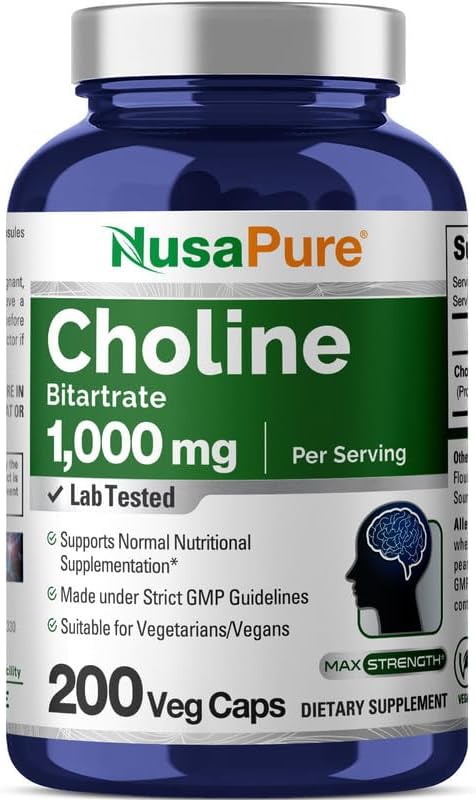 NusaPure Choline Bitartrate 1000 mg 200 Veggie Capsules (Vegetarian, Non-GMO)