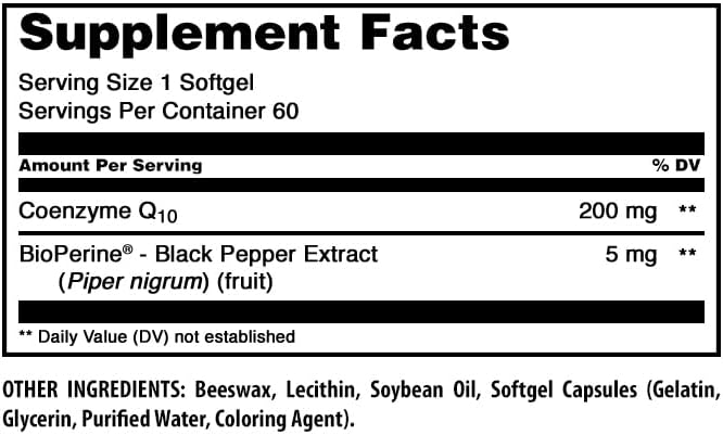 Amazing Formulas CoQ10 with Bioperine Supplement | 200 Mg per Serving | 60 Softgels | Non-GMO | Gluten-Free | Made in USA