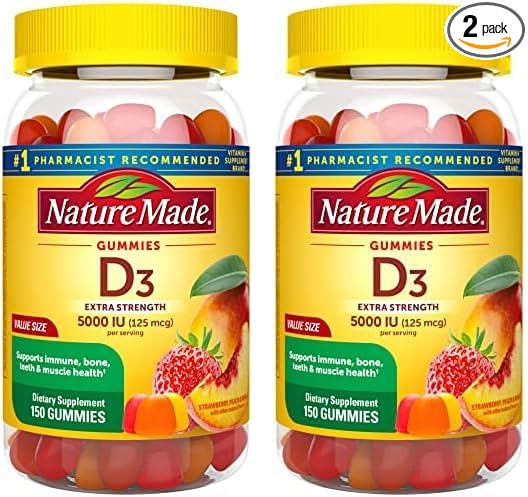 Nature Made Extra Strength Vitamin D3 5000 IU (125 mcg) per Serving, Dietary Supplement for Bone, Teeth, Muscle and Immune Health Support, 150 Gummies, 75 Day Supply (Pack of 2)