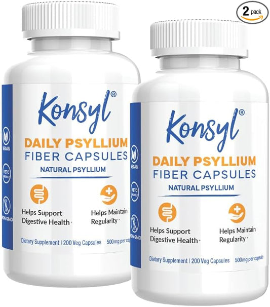 Konsyl Daily Psyllium Fiber Capsules - Contains 1500mg of All-Natural Psyllium Husk Powder per Serving - Supports Digestive Health and Weight Management Goals+ (200 Count (Pack of 2), Psyllium Husk)
