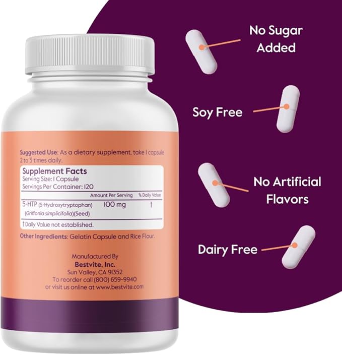 BESTVITE 5-HTP 100mg (120 Capsules) - No Stearates or Flow Agents