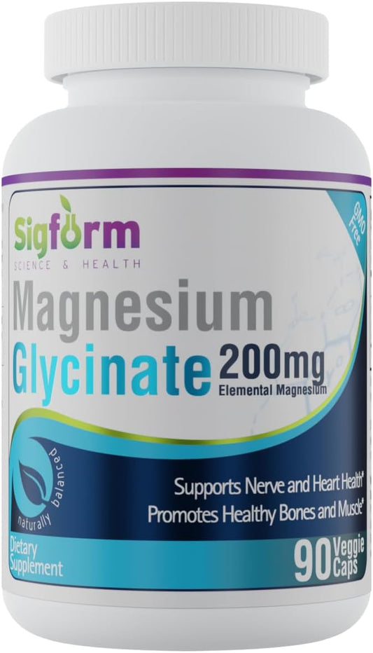 Magnesium Glycinate Capsules (200mg per Capsule, 90 Count) Made in USA