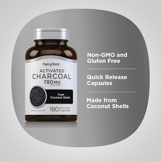 Piping Rock Activated Charcoal Pills | 780 mg | 180 Capsules | from Coconut Shells | Non-GMO, Gluten Free Supplement