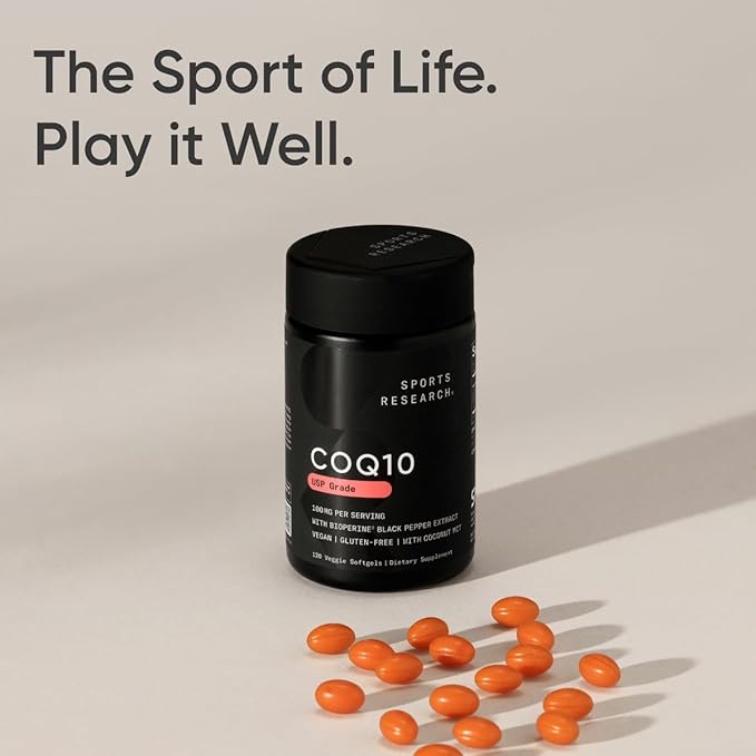 Sports Research CoQ10 (100mg) Enhanced w/Coconut Oil & Bioperine (Black Pepper) for Better Absorption | Vegan Certified, Non-GMO Verified (120 Veggie Softgels)