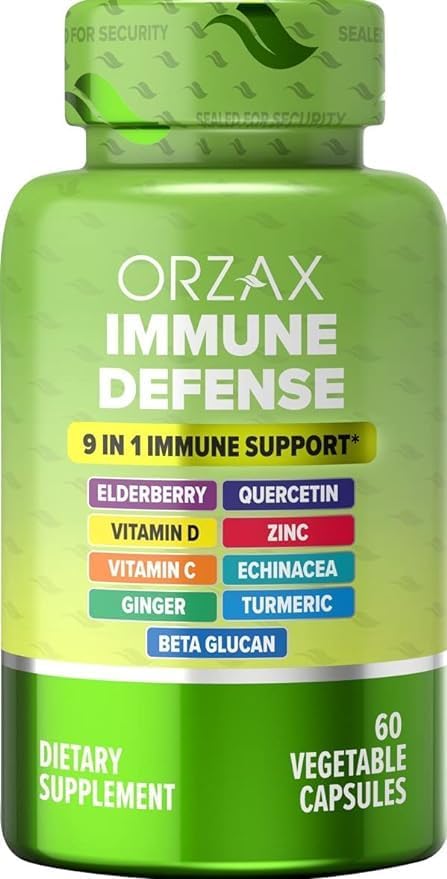 ORZAX 9 in 1 Immune Defense Booster Herbal Supplement, Specialized High Strength Formula - Vitamin C & D, Zinc, Quercetin, Turmeric & Ginger, Echinacea - Non-GMO - 60 Veggie Capsules - 30 Day Supply