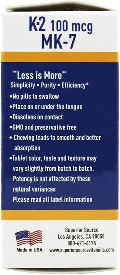 Superior Source Vitamin K2 MK-7 (Menaquinone-7) 100 mcg - Bone Strength & Health Support Supplement - Aids Healthy Heart Function - Bariatric-Friendly - 60 Sublingual Dissolving Tablets