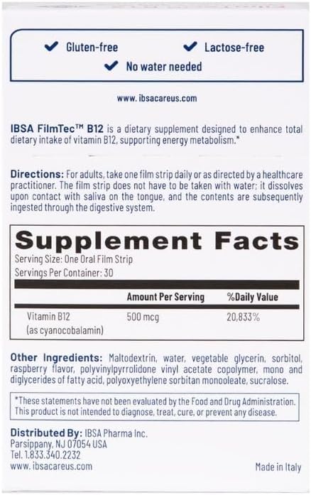 FilmTec B12 - Dietary Supplement – 500 mcg Vitamin B12-30 Oral Dissolving Films for Immediate Release and Tolerability - Gluten-Free, Lactose-Free, Sugar-Free, Non-GMO