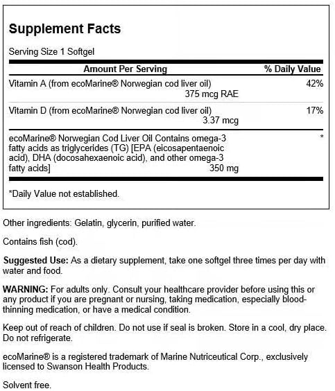 Swanson Cod Liver Oil - Wellness Supplement Promoting Bone, Skin Health, Vision Support & Immune System Function w/High Absorption Vitamin A - (180 Softgels, 350mg Each) 2 Pack