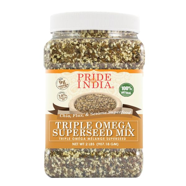 Pride Of India - PACK of 6 - Triple Omega Superseed Mix - Protein, Fiber, Calcium, Iron, Omega-3, Omega-6, Thiamin Rich Superfood w/Chia Flax & Sesame Seeds, 2 lbs Jar