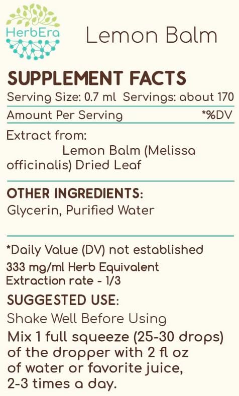 Lemon Balm B120 Alcohol-Free Herbal Extract Tincture, Concentrated Liquid Drops Natural Lemon Balm (Melissa officinalis) 4 fl oz