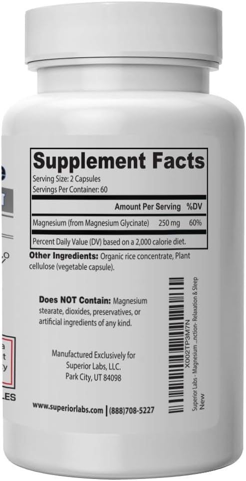 Superior Labs - Magnesium Glycinate - 1250 mg, 120 Vegetable Capsules - Essential Mineral - Maintains Energy - Healthy Bones and Muscle Function- Relaxation & Sleep
