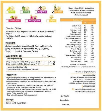 Bionutricia Liposomal Vitamin C with Pineapple Extract Powder (Water Soluble) Immune & Collagen Support, Two-Stage for High Absorption & Antioxidant, No Sugar & Non GMO 5.29Ounce