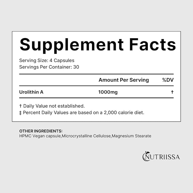Nutriissa Urolithin A 1000mg - Advanced Cellular Rejuvenation, Muscle Strength - EPEB Certified for Purity & Potency - Vegan, 120 Capsules