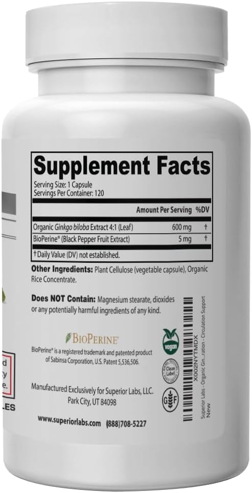 SuperiorLabs - Ginkgo Biloba - 1200mg, 120 Vegetable Capsules - Added Black Pepper for Optimal Absorption - Supports Brain and Heart Health - Memory & Concentration - Circulation Support