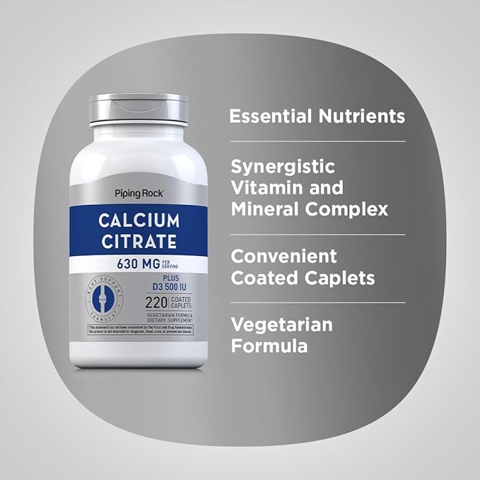Piping Rock Calcium Citrate with Vitamin D3 | 630 mg | 220 Caplets | Supplement for Women and Men | Vegetarian, Non-GMO, Gluten Free