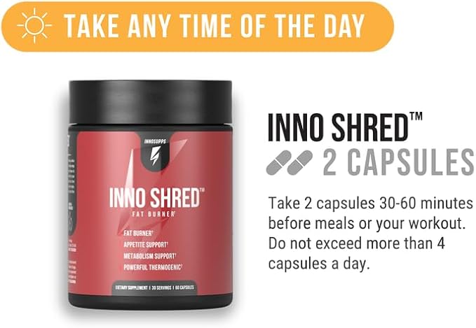 Inno Shred Fat Burner for Men and Women with 100mg Capsimax, Grains of Paradise, Organic Caffeine, Green Tea Extract, Appetite Suppressant, Weight Loss (60 Veggie Capsules) | (with Stimulant)